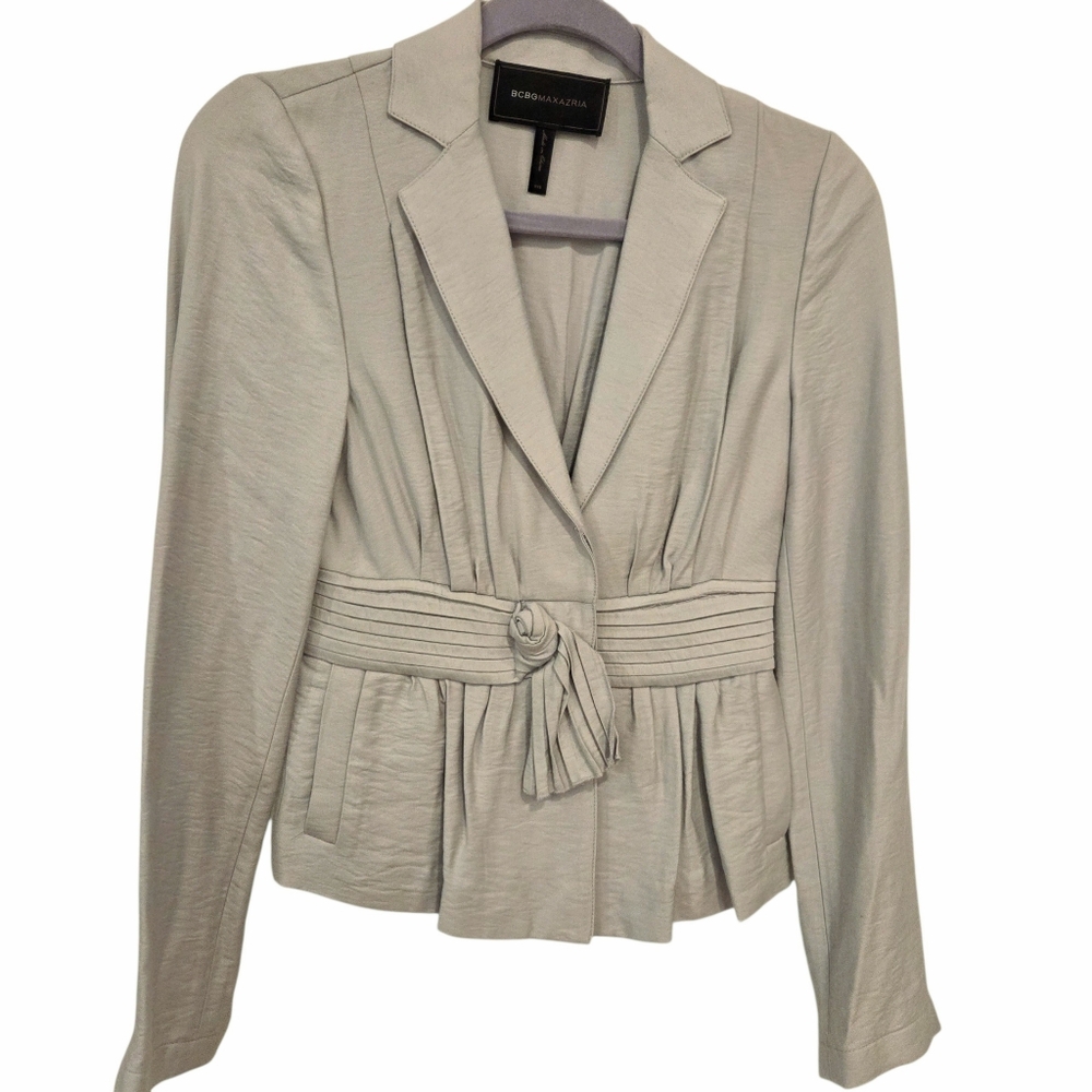BCBG MAXAZRIA Celadon Gray Belted Peplum Jacket Pleated Sash Waist Rayon XXS